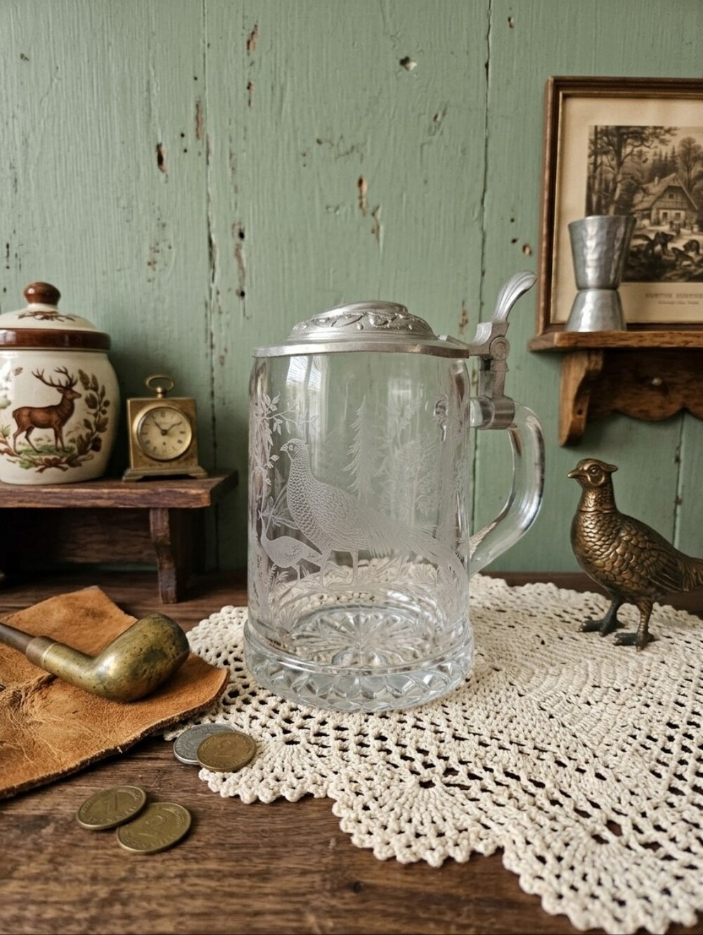 Vintage ALWE W. Germany Etched Glass Beer Stein with Pewter Lid - Pheasant Scene